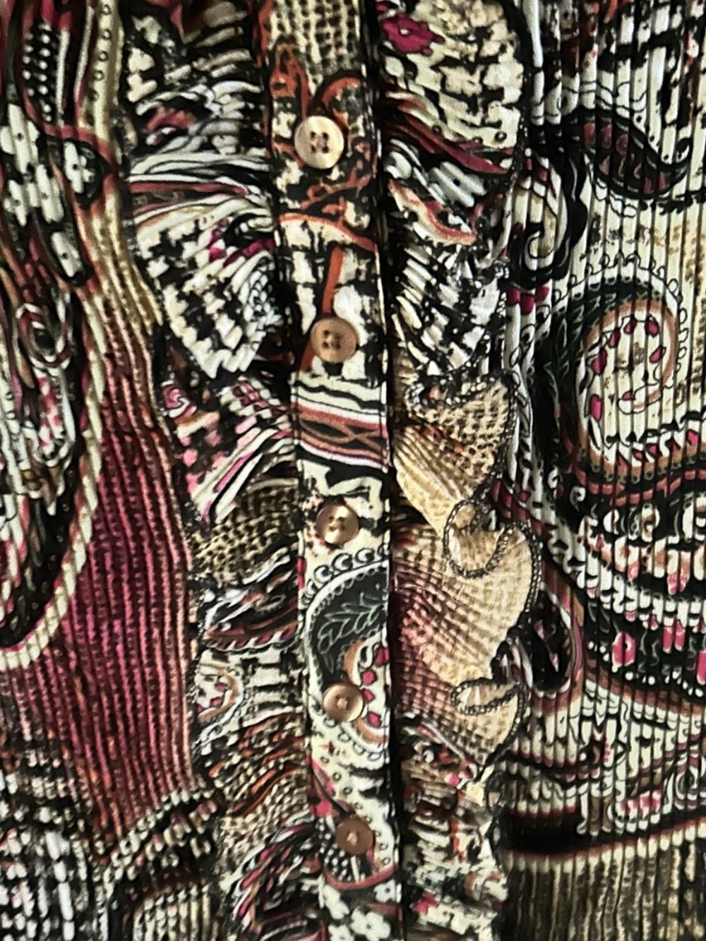 Sioni Paisley Ruffle Button-Down Top - Burgundy, Beige, Black - Picture 6 of 9